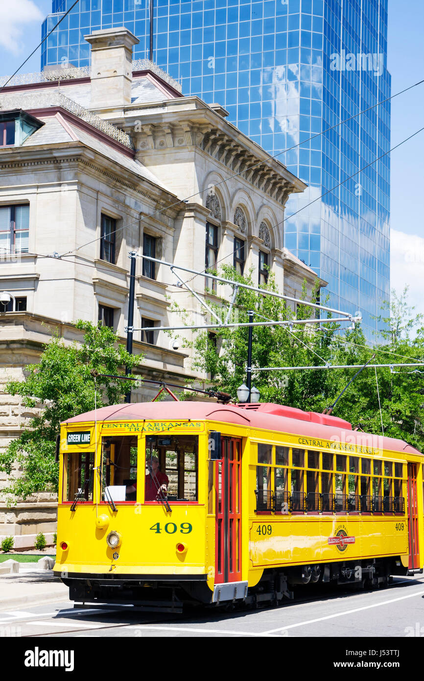 Little Rock Arkansas,2nd Street,River Rail Electric Streetcar,heritage,trolley,replica,light rail system,downtown red,yellow,Green Line,AR080605062 Stock Photo