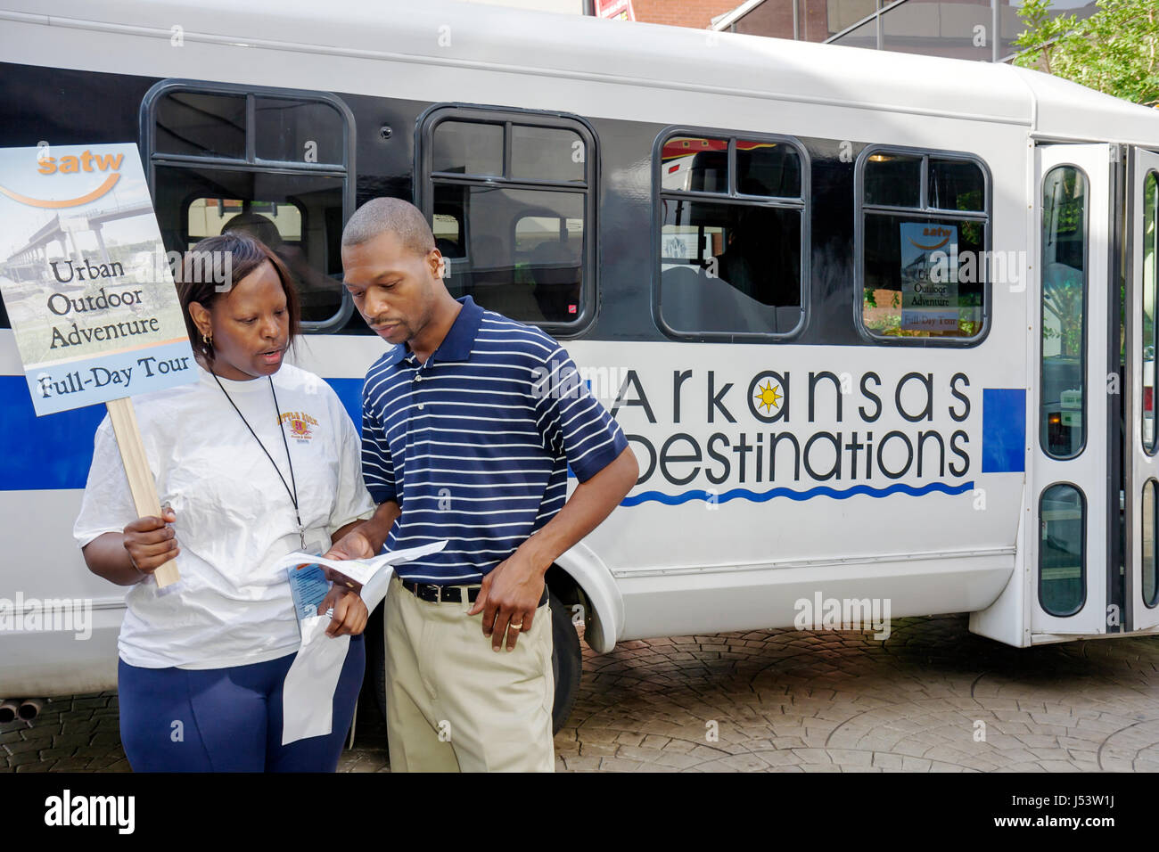 Little Rock Arkansas,The Peabody Little Rock,hotel,Black woman female women,man men male,driver,tour guide,bus,coach,charter,group transportation,sche Stock Photo