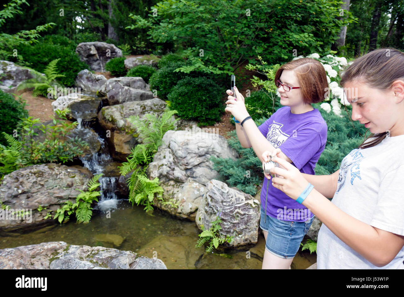 Arkansas Hot Springs,Garvan Woodland Gardens,girls,2 two,teen teens teenage teenager teenagers youth adolescent,nature,botany,flora,plant,forest,sceni Stock Photo