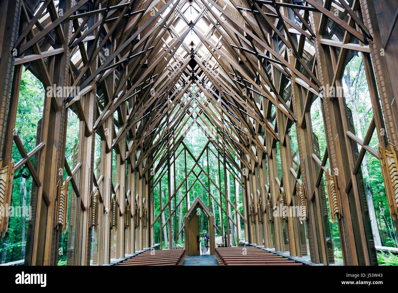 Arkansas Hot Springs Garvan Woodland Gardens,Anthony Cathedral church chapel wood glass vaulted ceiling,designer Jennings & McKee firm windows,nature Stock Photo