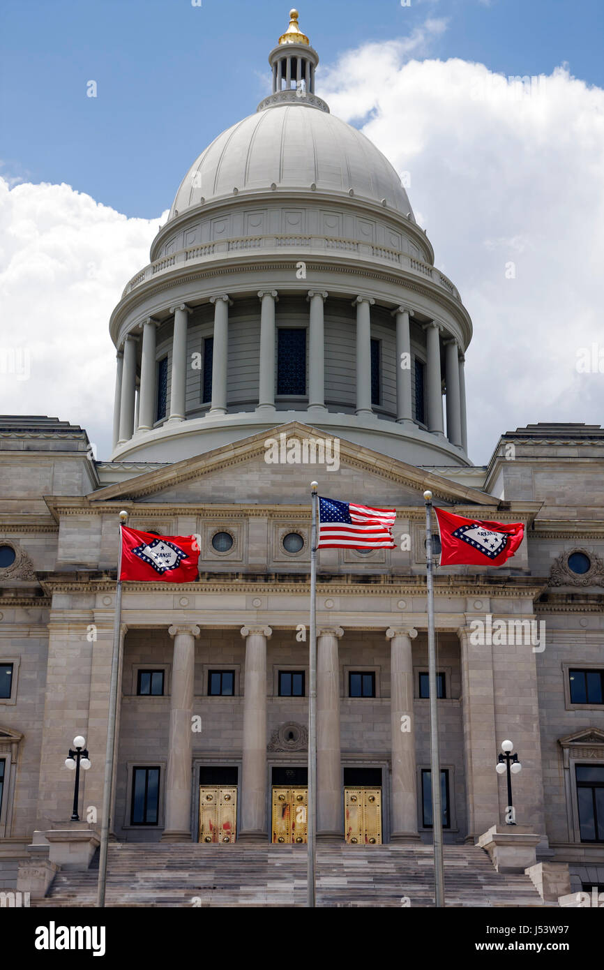 Little Rock Arkansas,State Capitol building,neo classical style,native limestone,dome,ionic columns,state flag,outside exterior,front,entrance,facade, Stock Photo