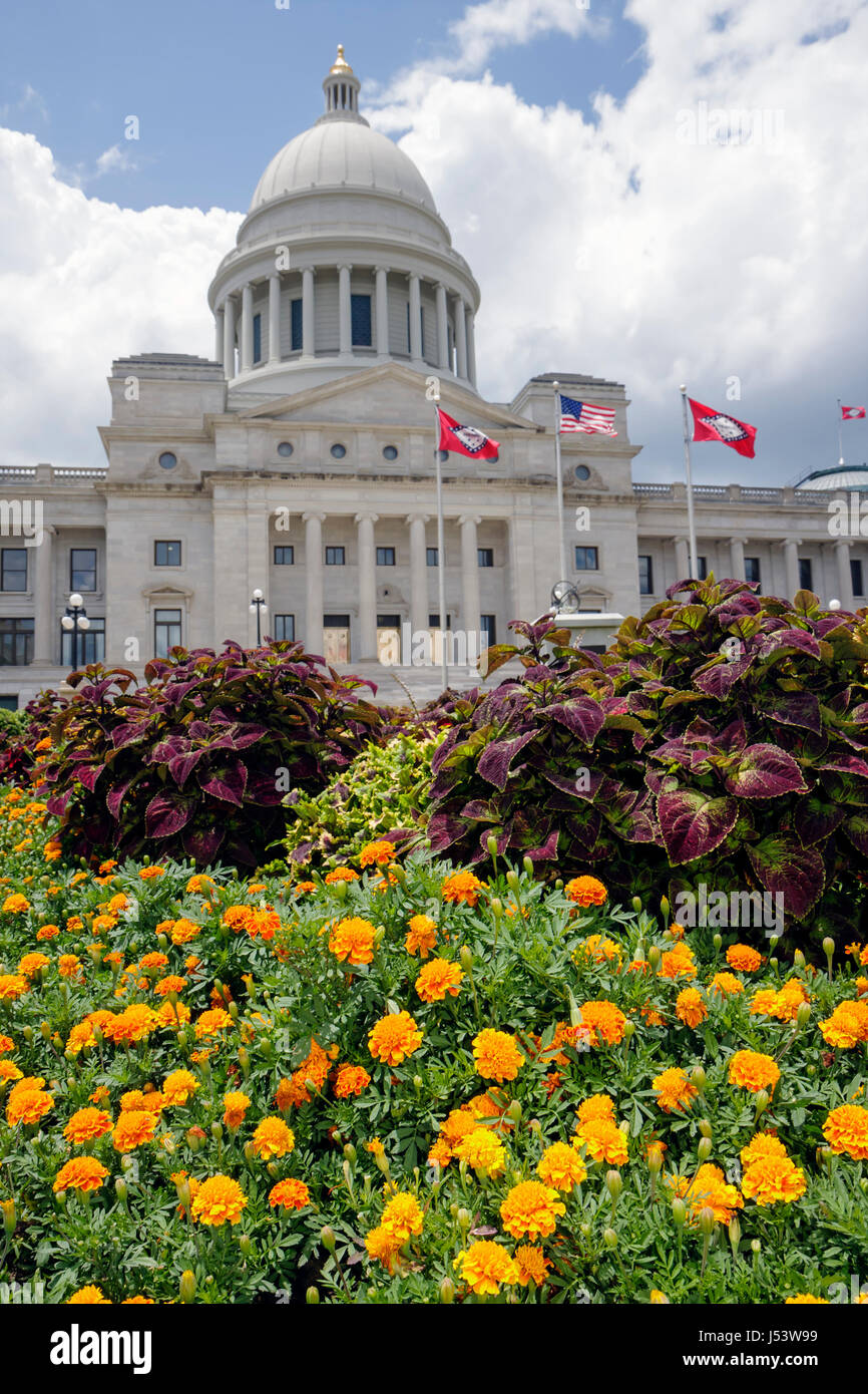 Little Rock Arkansas,State Capitol building,neo classical style,native limestone,dome,ionic columns,state flag,steps stairs staircase,outside exterior Stock Photo