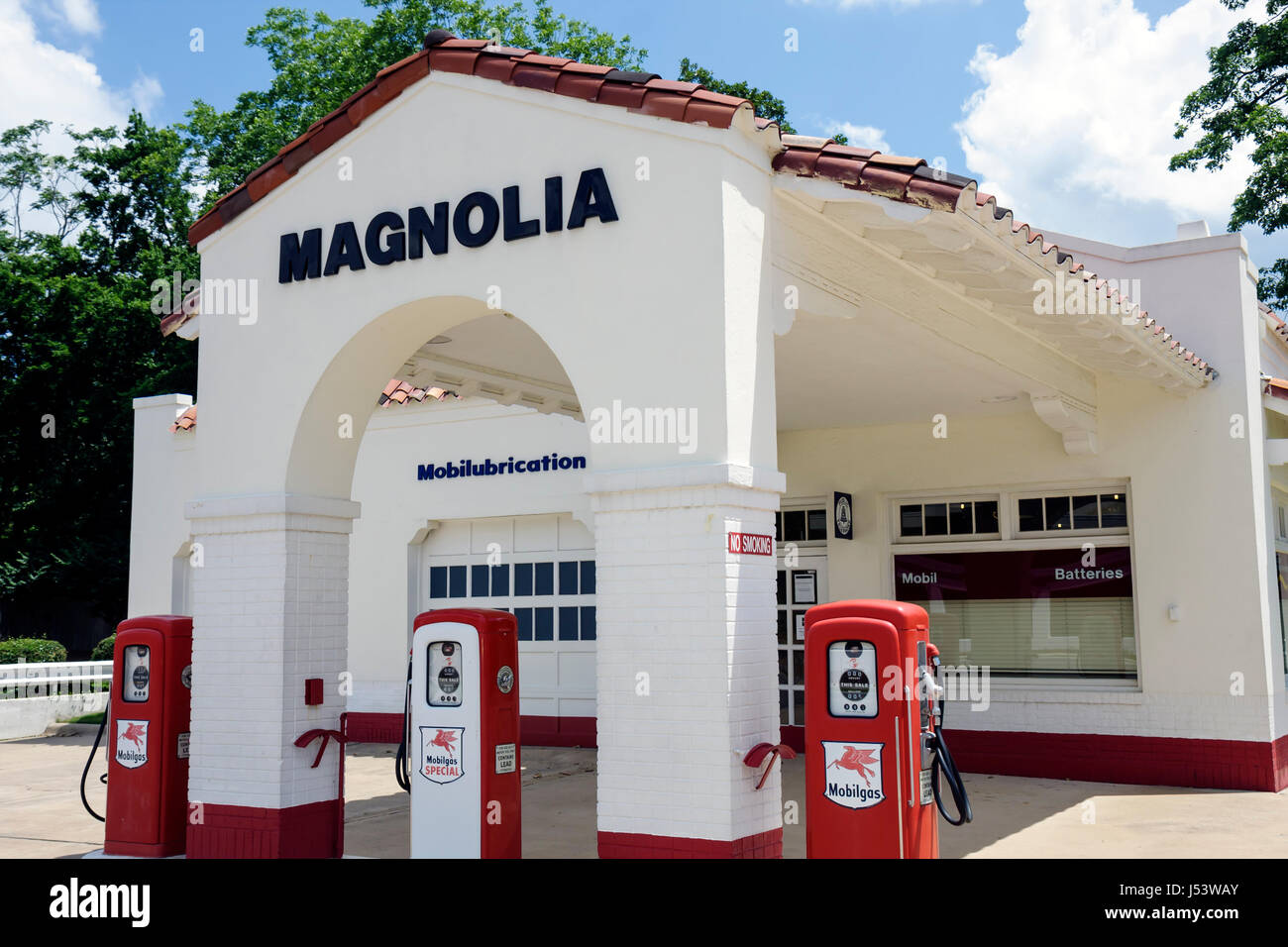 Little Rock Arkansas,Central High School National historic Site,1957 Mobil,gas station,petrol,Magnolia,red,pumps,press hub,civil rights,equality,Const Stock Photo