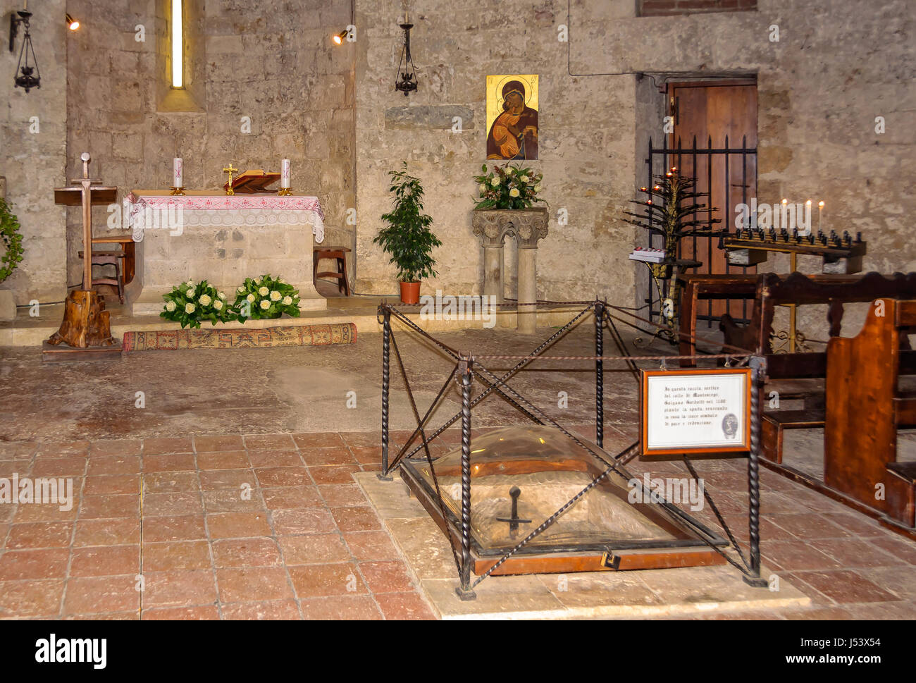 Saint Galgano's sword embedded in stone in Montesiepi's Hermitage - San Galgano, Tuscany, Italy Stock Photo