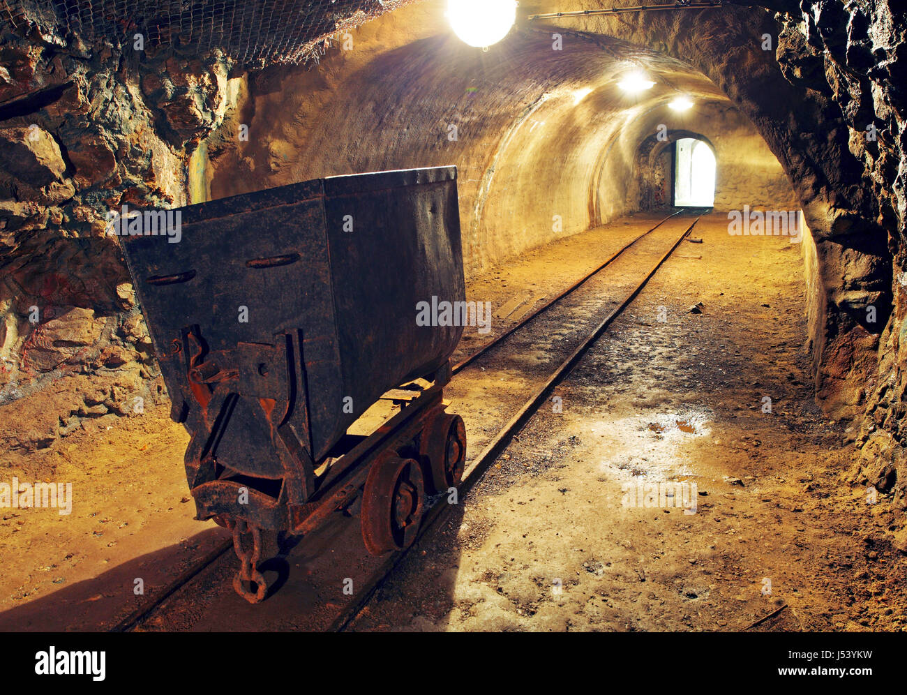 Mine gold underground tunnel railroad Stock Photo