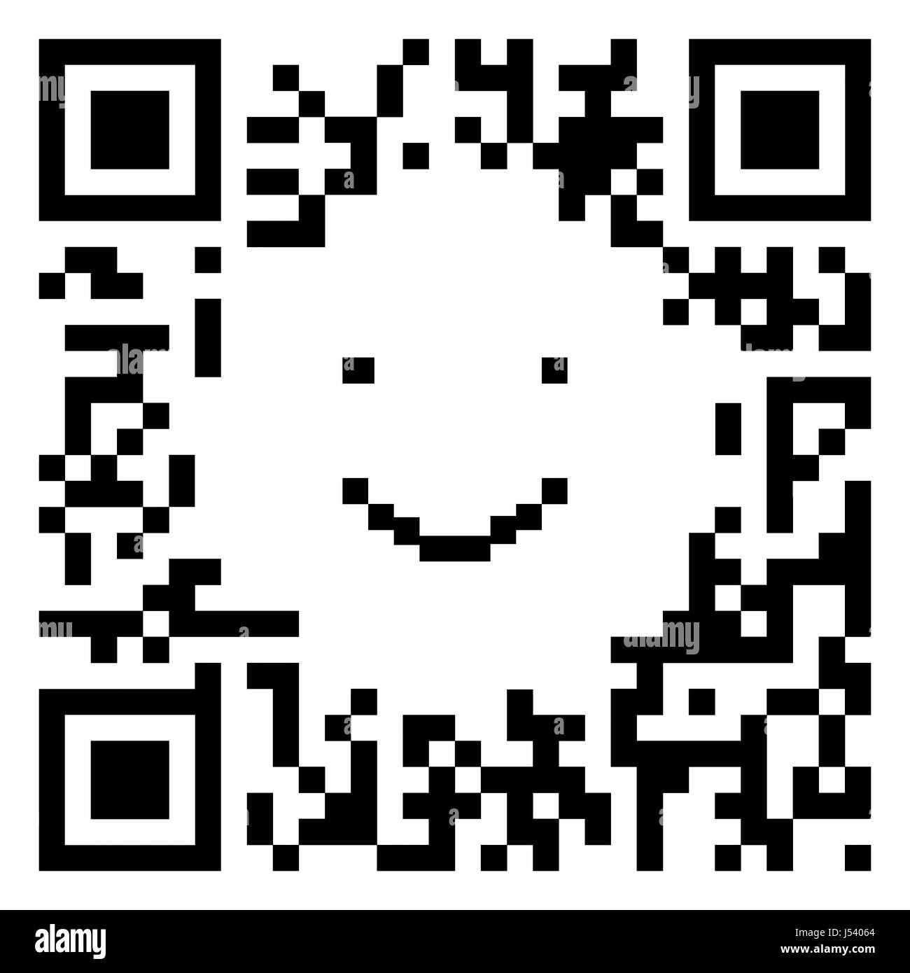 QR code sample in the shape of a smiling face isolated on white background Stock Photo