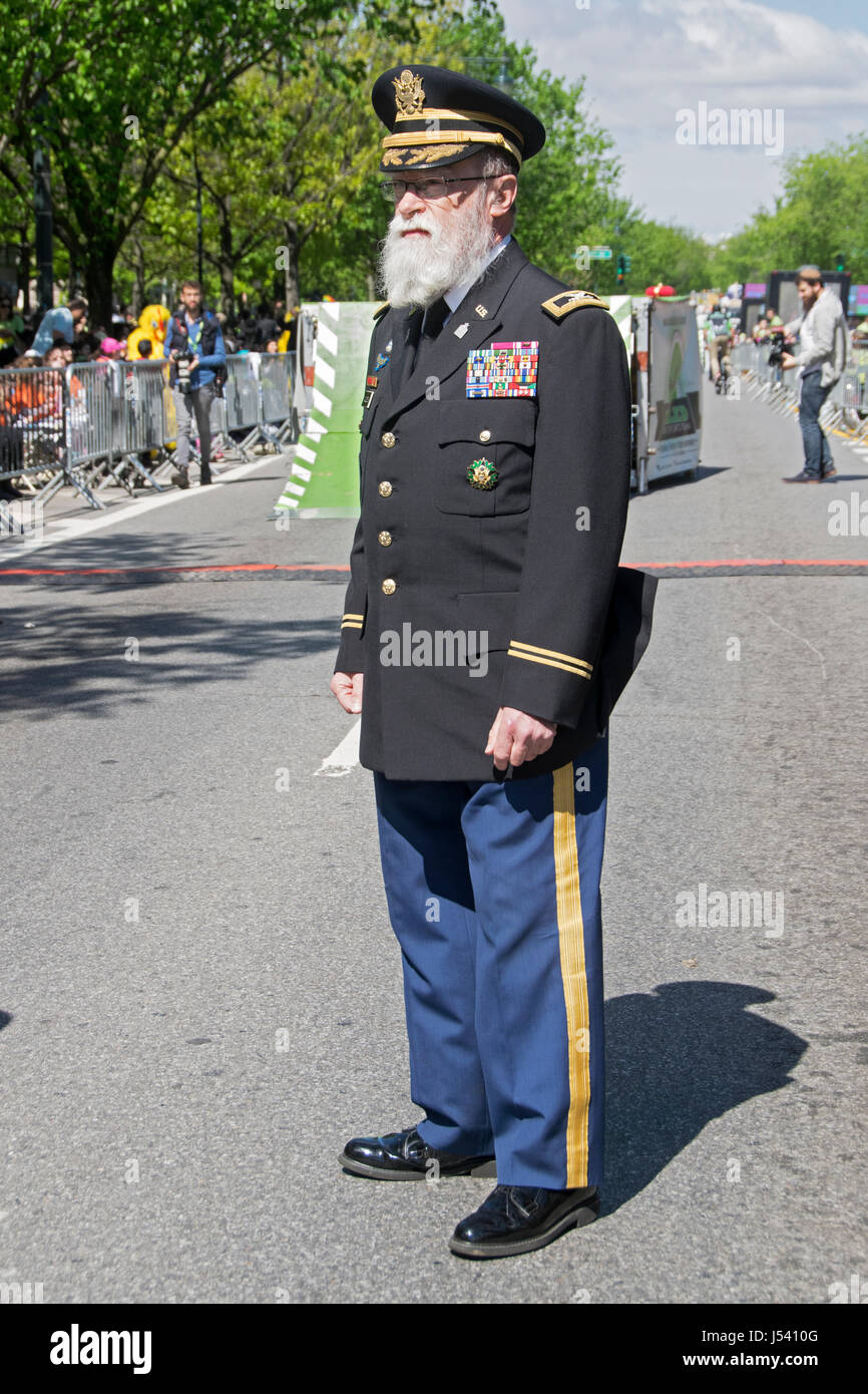 5.14.2017 Religious Jewish army chaplain Rabbi Jacob Goldstein celebrating Lag B'Omer at the Lubavitch Great Parade in Crown Heights, Brooklyn, NYC Stock Photo
