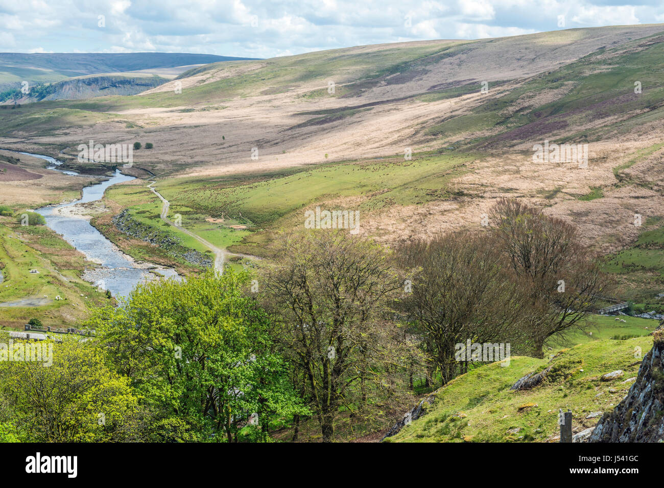 Top of the Claerwen Valley as seen from the Claerwen Dam, Mid Wales Stock Photo