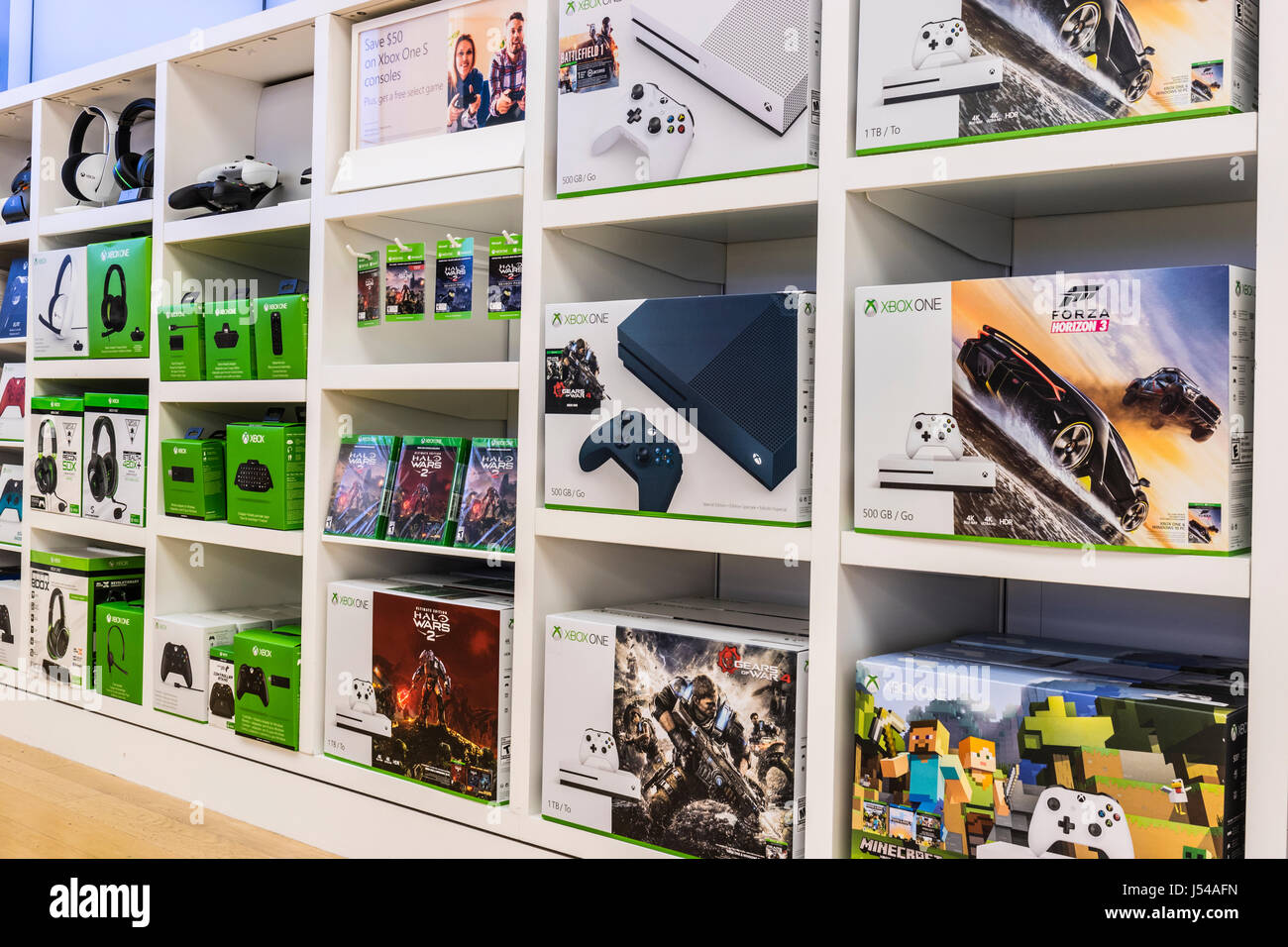 Cincinnati - Circa May 2017: XBOX One Consoles and accesories at a Microsoft Retail Technology Store VI Stock Photo