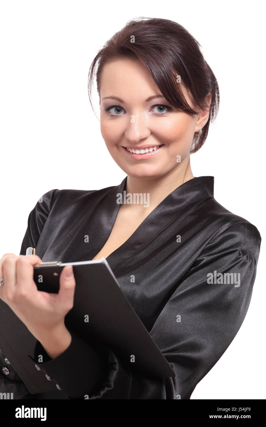 Portrait Of Cute Young Brunette Business Woman Holding A Folder Stock