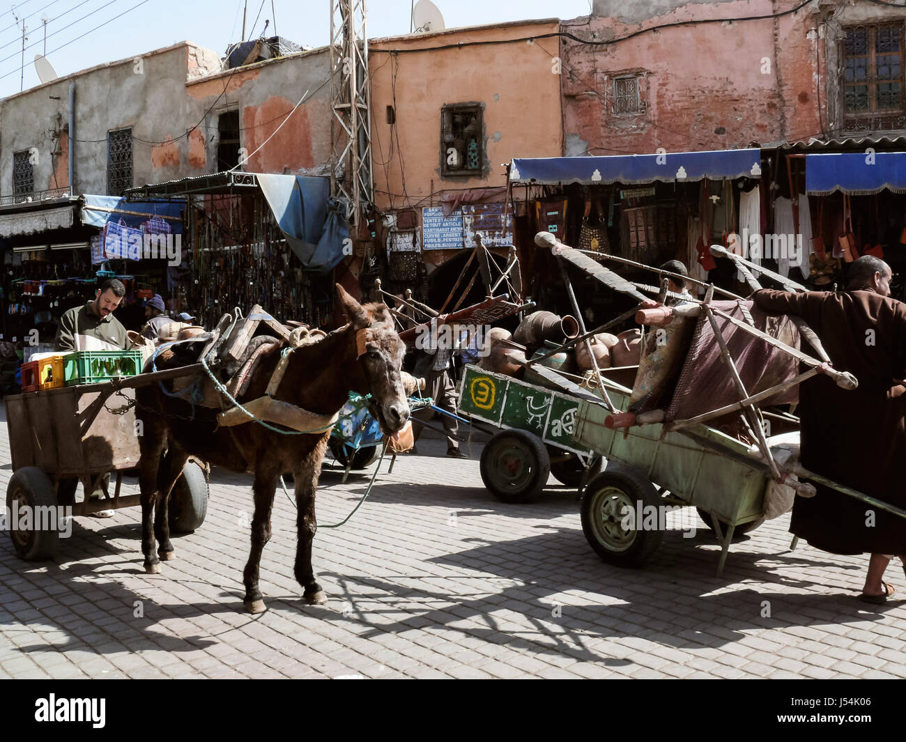 Donkey carts transport goods and supplies through the narrow lanes of