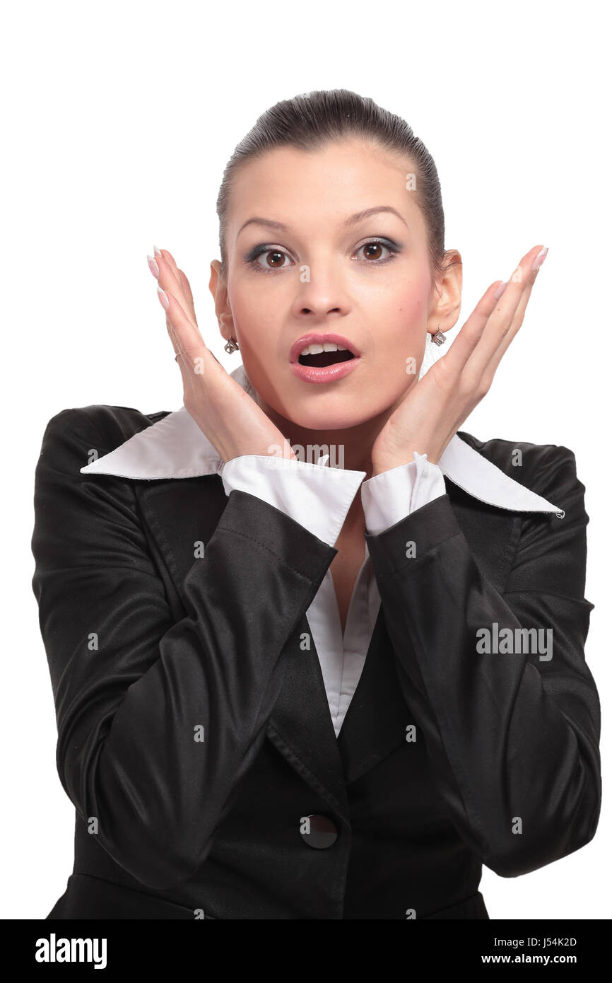 Surprised business woman isolated on white Stock Photo - Alamy