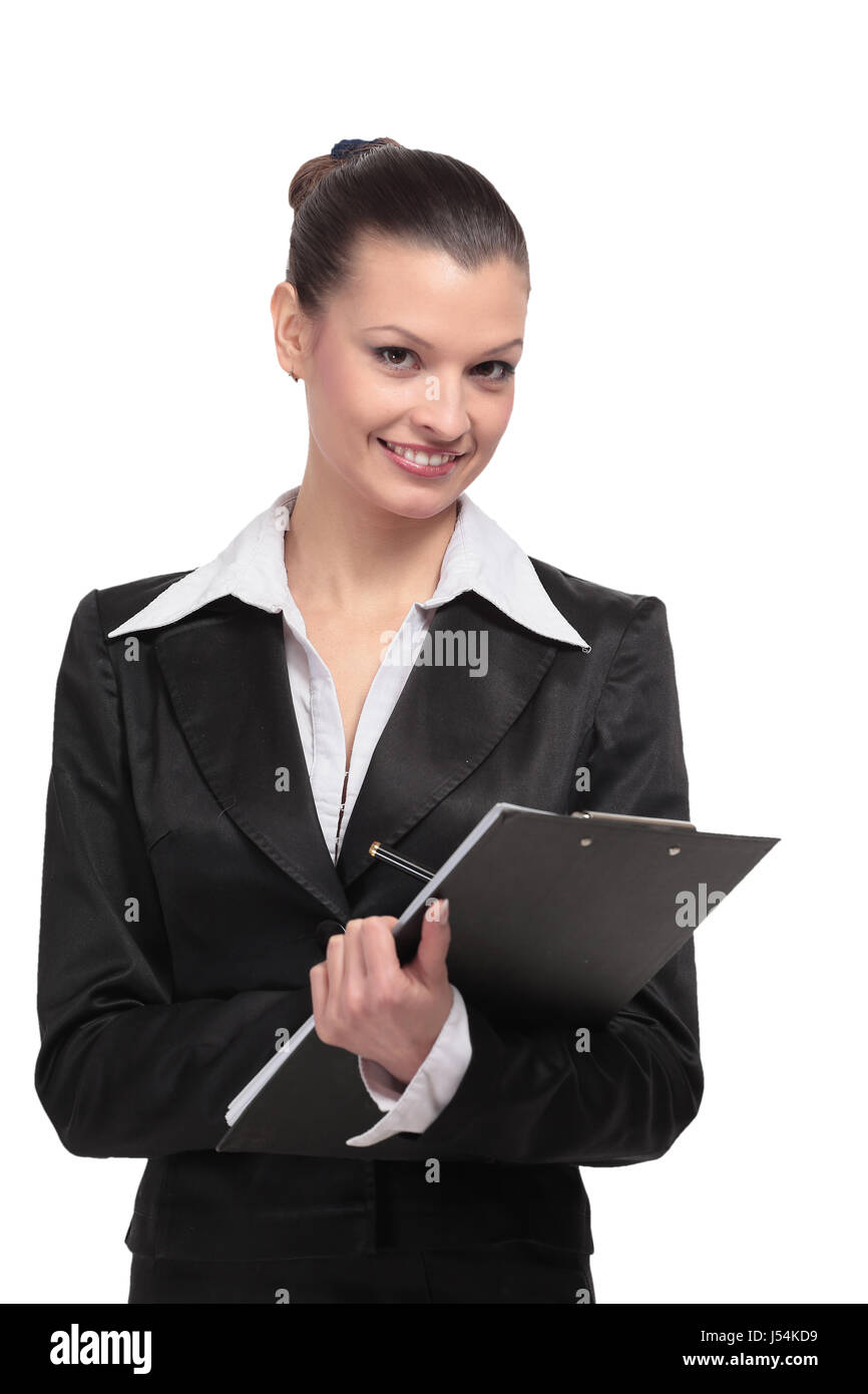 Smiling business woman holding a folder Stock Photo - Alamy