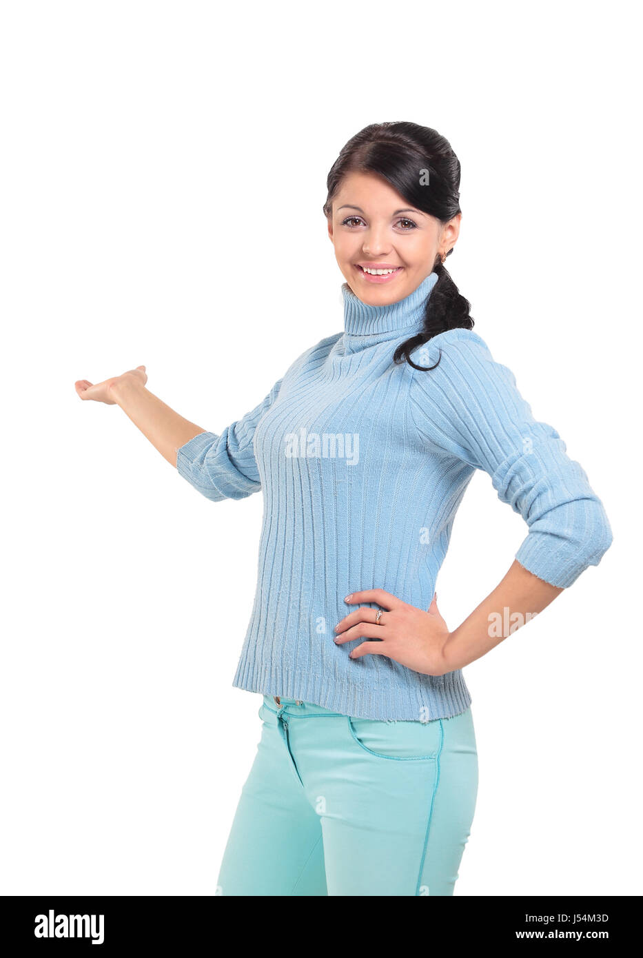 Portrait of businesswoman pointing at something. Stock Photo