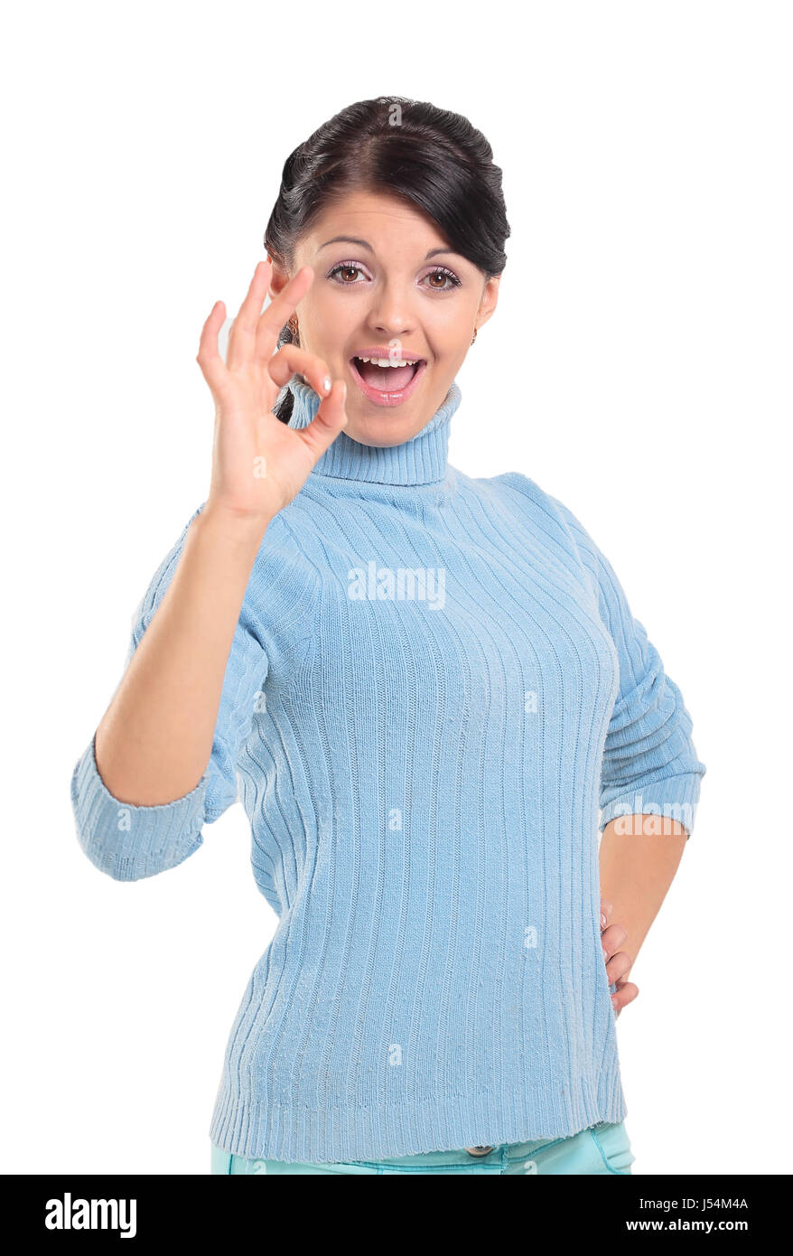 Attractive woman is showing okay sign with happiness. Stock Photo
