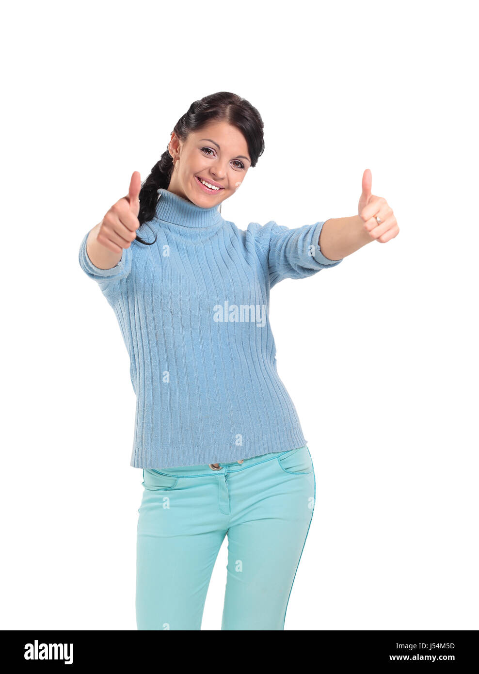 Thumb up. Smiling woman isolated white background Stock Photo