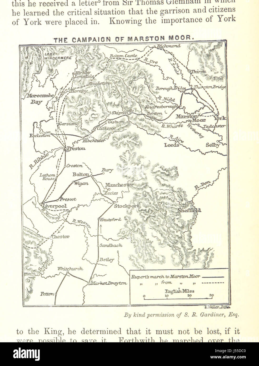 This image from 'Prolia Eboracensia' depicts historical battles fought in Yorkshire, combining historical analysis and topographical illustrations. Stock Photo