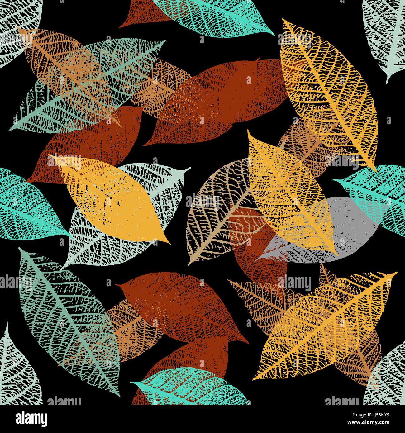 Seamless pattern of vector skeleton leaves on black background Stock ...
