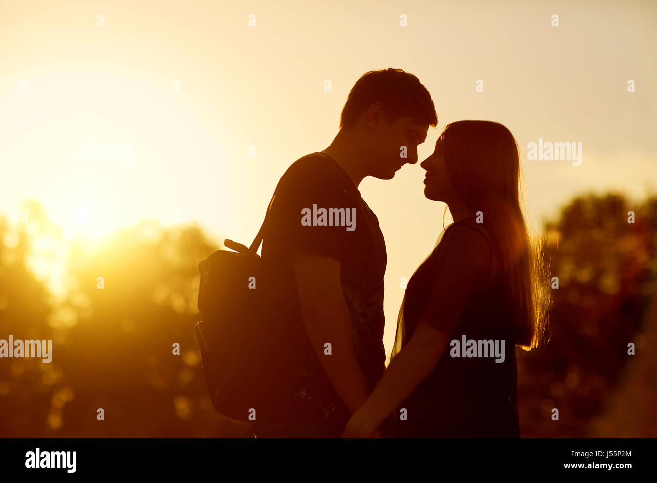 Silhouette of a loving couple at sunset in nature Stock Photo - Alamy