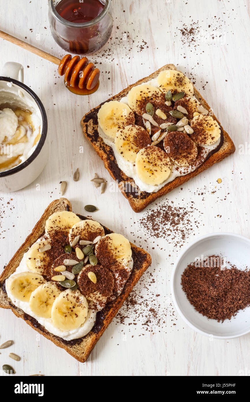 Breakfast Chocolate Banana Toast Stock Photo