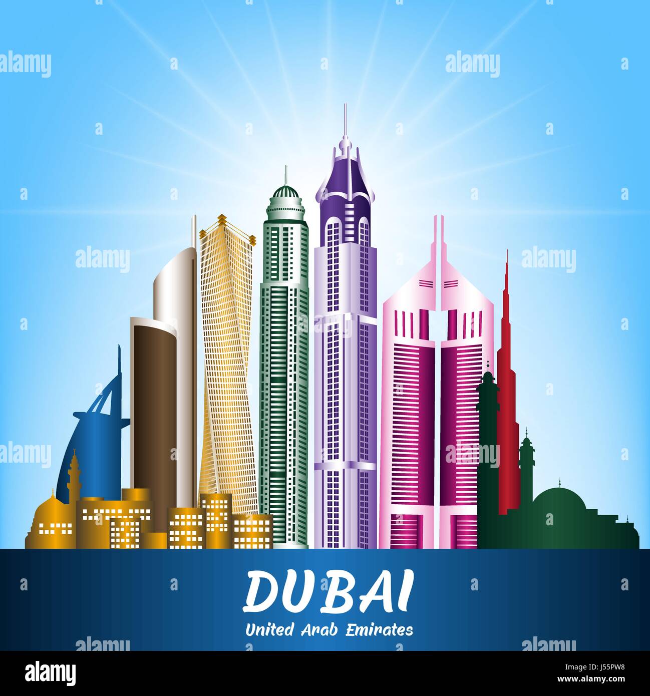 City of Dubai UAE Famous Buildings Vector Design. Editable Vector Illustration Stock Vector