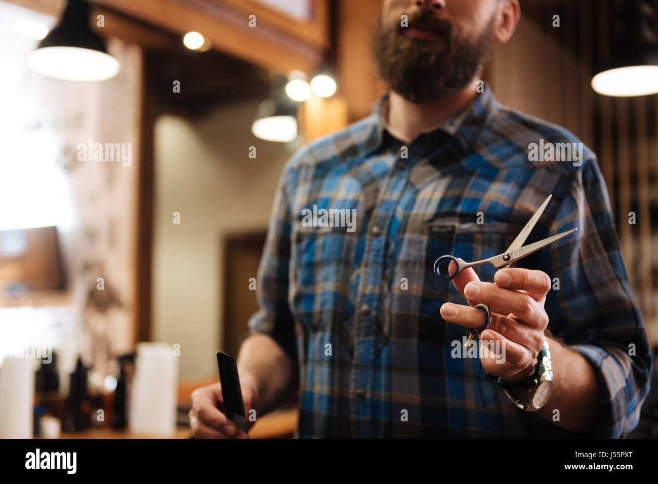 Close up of hairdressing scissors being in use Stock Photo Alamy