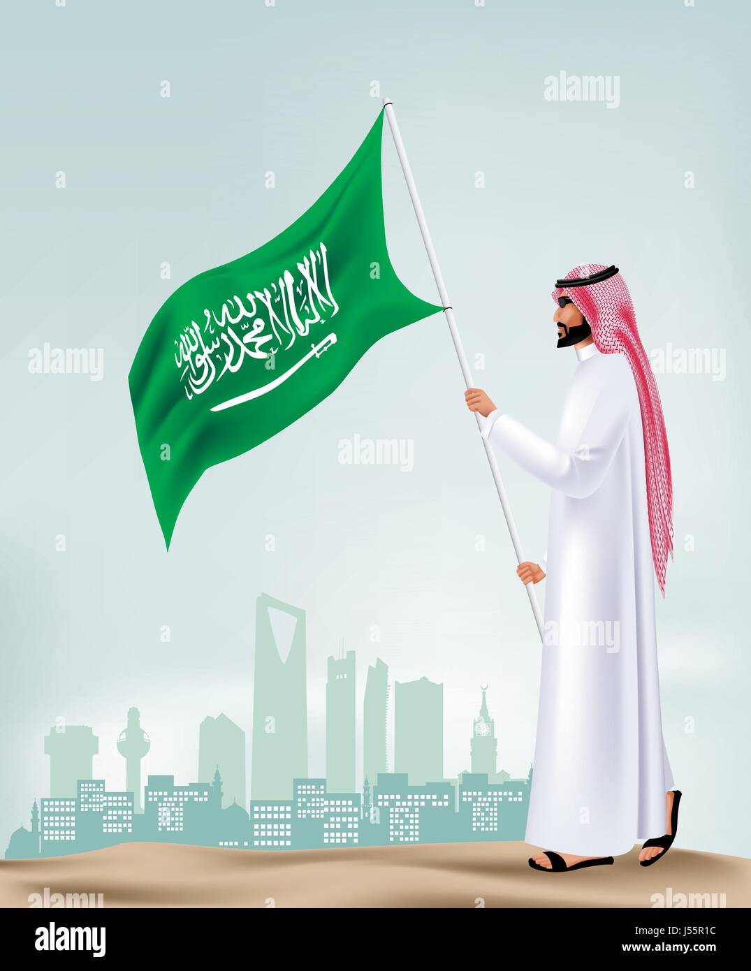 Download Saudi Arabia Man Holding Flag in the City. Editable Vector ...
