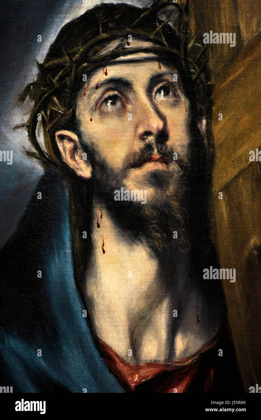 El Greco (1541-1614). Cretan painter. Christ with the Cross, 1590-1595. National Art Museum of Catalonia. Barcelona. Catalonia. Spain. Stock Photo