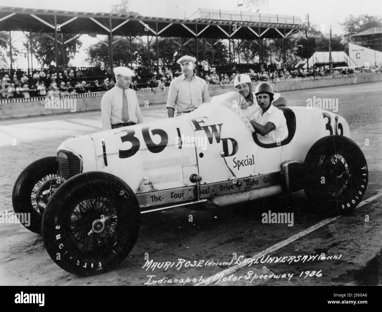 Mauri Rose and mechanic Earl Unversaw in Milller at Indianapolis 1936 Stock Photo