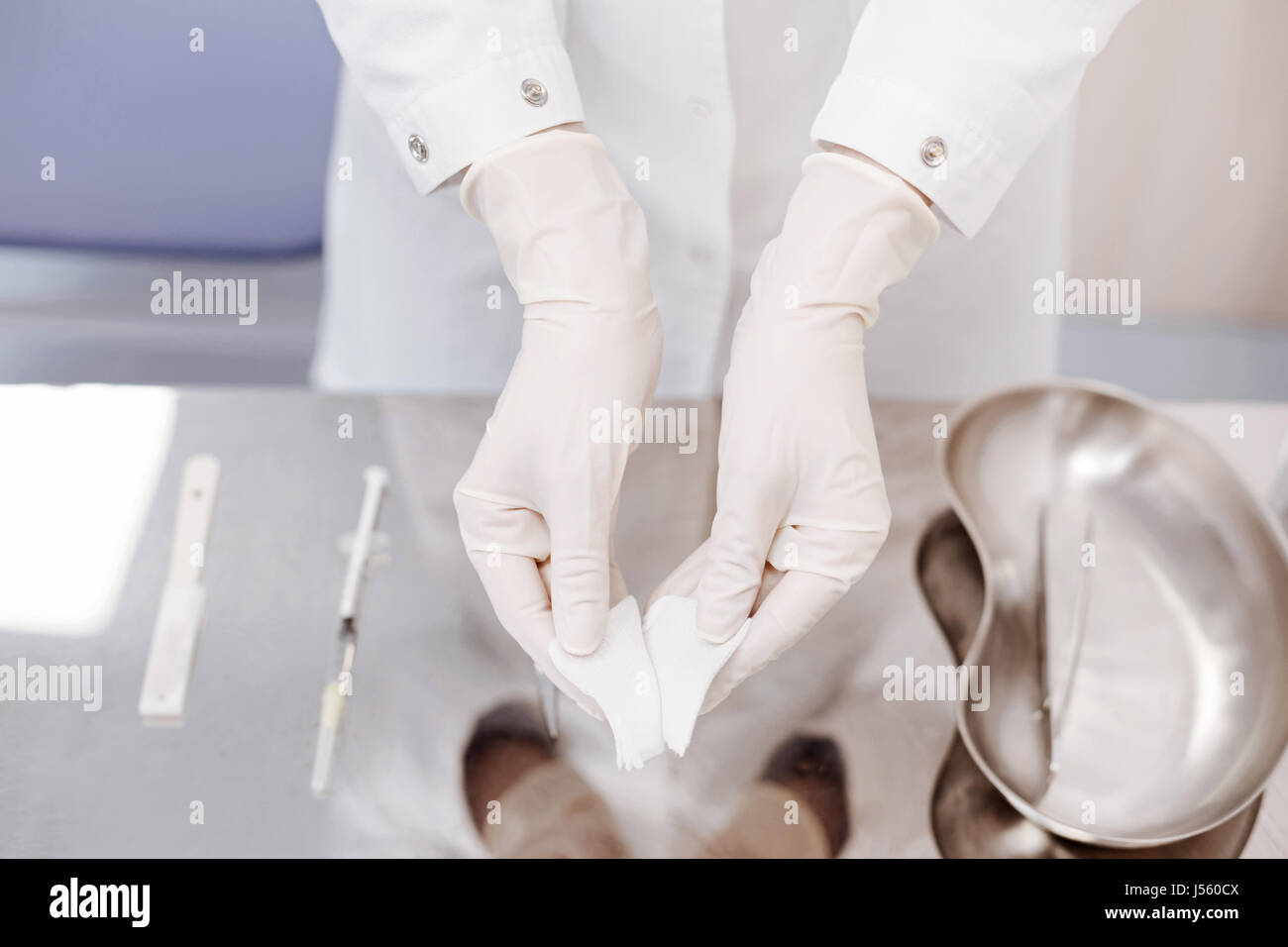 Close up of a doctor wearing disposable gloves Stock Photo - Alamy