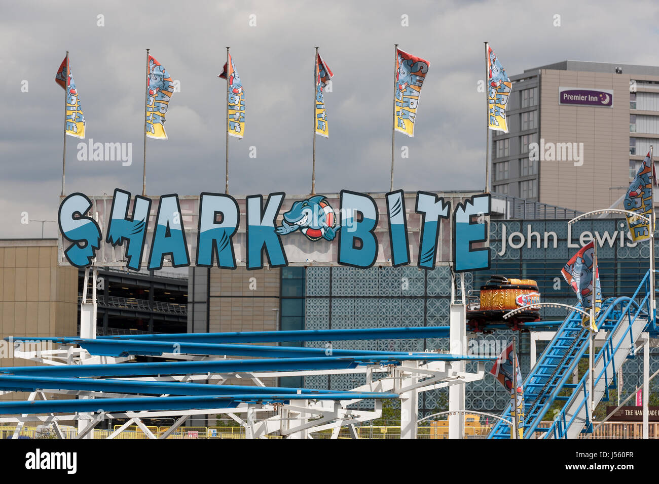 The shark bite funfair ride attraction at the Olympic park, Stratford, E20 on a bright summers day Stock Photo