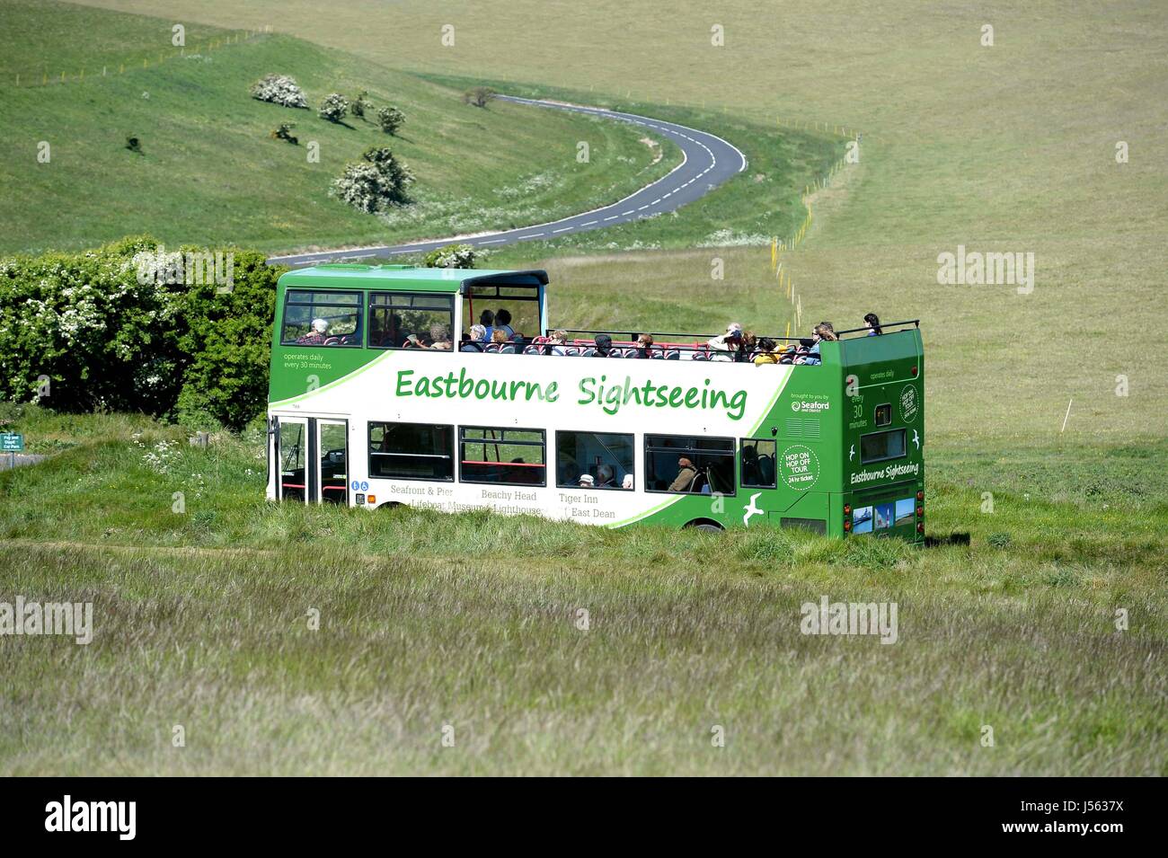 Eastbourne sightseeing bus at Beachy Head, East Sussex. UK Stock Photo