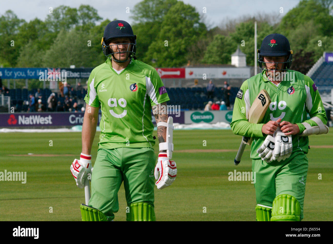 Chester le Street, England, 16 May 2017. Kyle Jarvis, left, and Danny Lamb, not out batsmen for Lancashire, leaving the field at the end of their innings against Durham in the Royal London One Day match at Emirates Riverside. Credit: Colin Edwards/Alamy Live News. Stock Photo