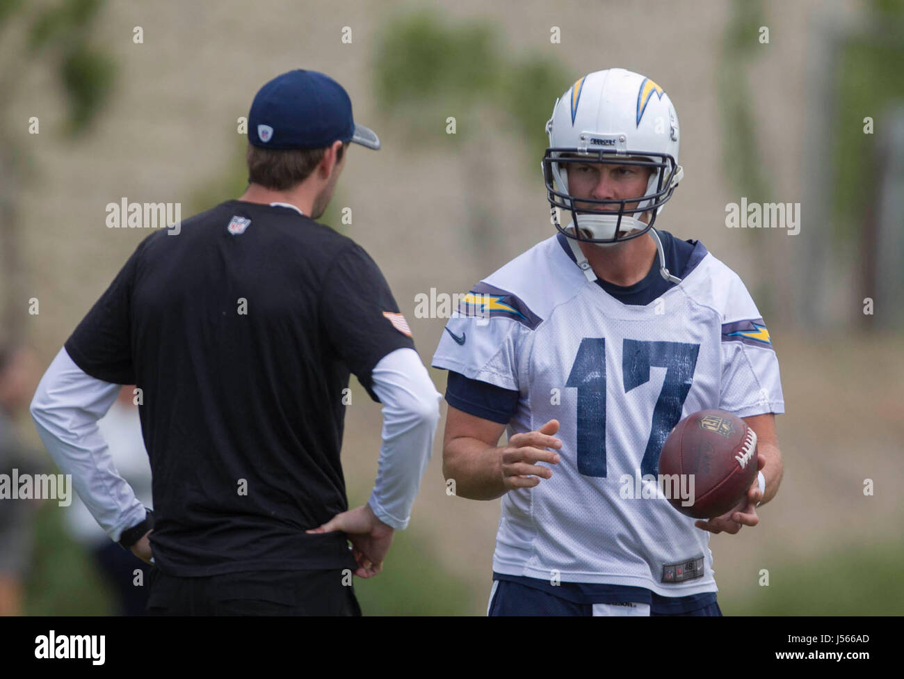 San Diego, USA. 16th May, 2017. Quarterback Philip Rivers talked with a staff member on Tuesday, May 16 during practice. The Los Angeles Chargers were back in San Diego Tuesday for a practice session at their Murphy Canyon complex. Credit: John Gibbins/San Diego Union-Tribune/ZUMA Wire/Alamy Live News Stock Photo