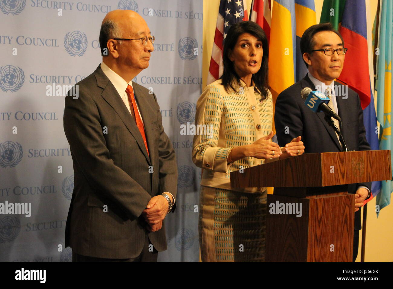 New York City, USA. 16th May, 2017. Nikki Haley speaks on North Korea missile launches outside UN Security Council on May 16, with counterparts from Japan (Koro Bessho) and South Korea (Tae-yul Cho) Credit: Matthew Russell Lee/Alamy Live News Stock Photo