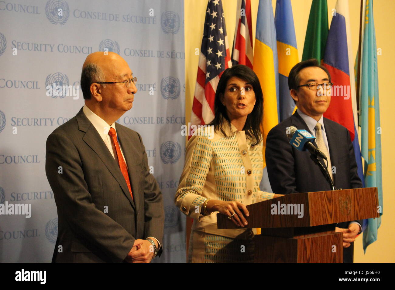 New York City, USA. 16th May, 2017. Nikki Haley speaks on North Korea missile launches outside UN Security Council on May 16, with counterparts from Japan (Koro Bessho) and South Korea (Tae-yul Cho) Credit: Matthew Russell Lee/Alamy Live News Stock Photo