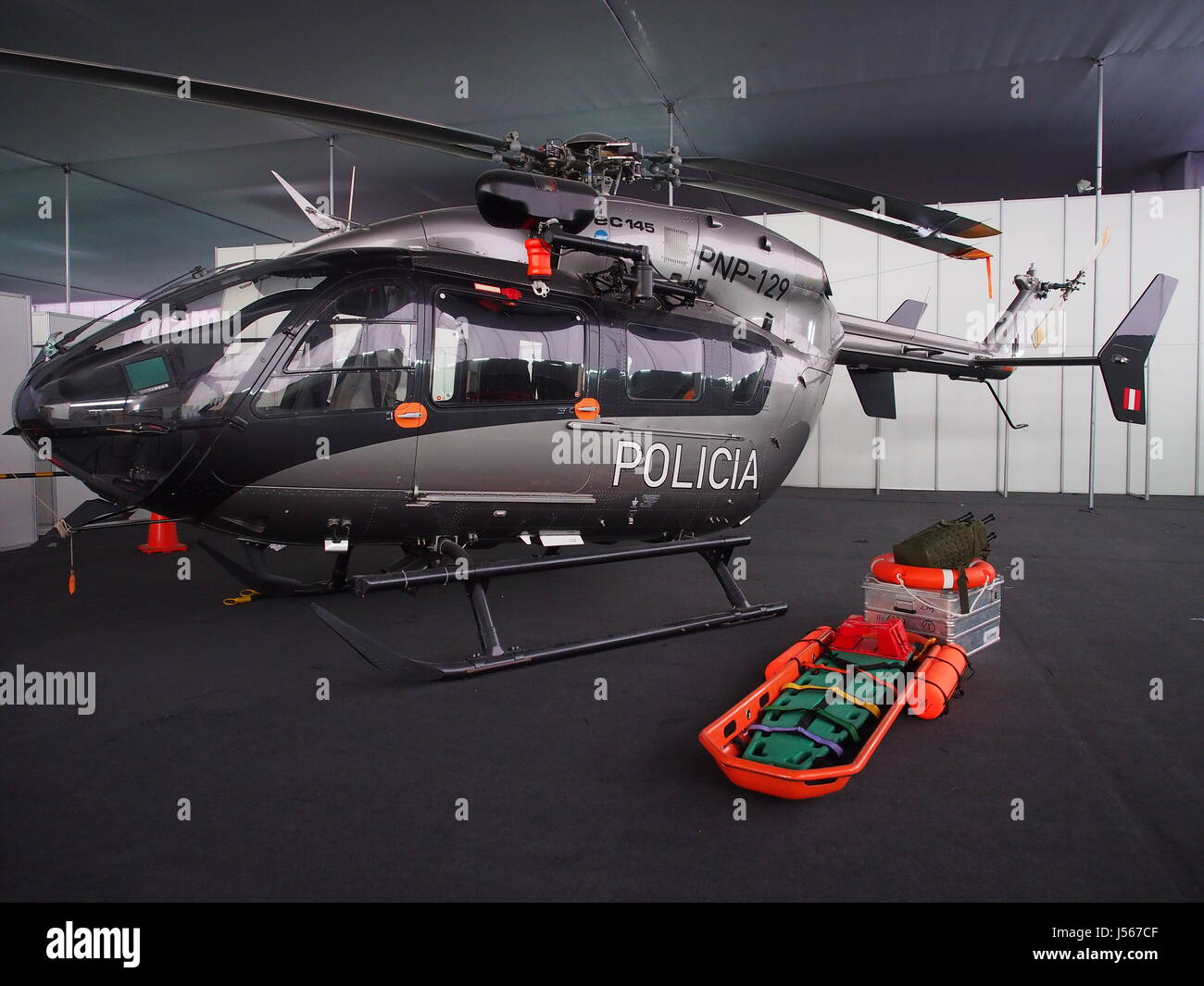 Eurocopter EC145, helicopter  of the Peruvian police at the International Salon of Technology for Defence, SITDEF, 2017, in the Headquarters of the Peruvian Army. The event will be held from 18 to 21 May with the presence of representatives from 27 countries Stock Photo
