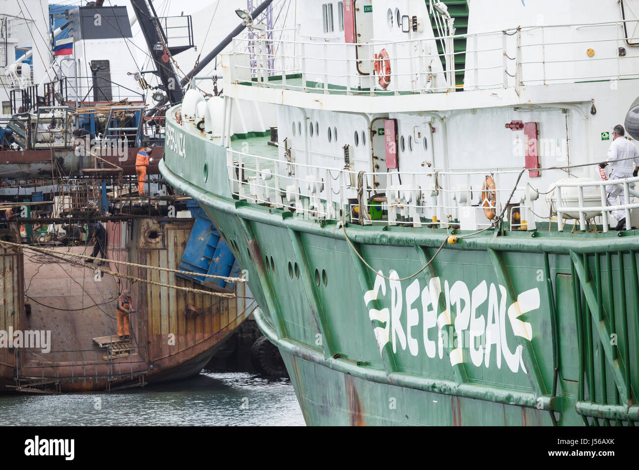 Las Palmas, Gran Canaria, Canary Islands, Spain. 17th May 2017. Greenpeace ship, Esperanza (hope) docks in Las Palmas for maintenance work. For the past two months the ship has been patrolling the West African coast investigating overfishing of the area by industrial fishing vessels. PICTURED: The ship is behind a rusting Russian trawler (workmen can be seen welding on the trawler) and alongside a new, multi million pound aquarium which is due to open later this year ( aquarium and cranes can be seen in background). Credit: ALAN DAWSON/Alamy Live News Stock Photo
