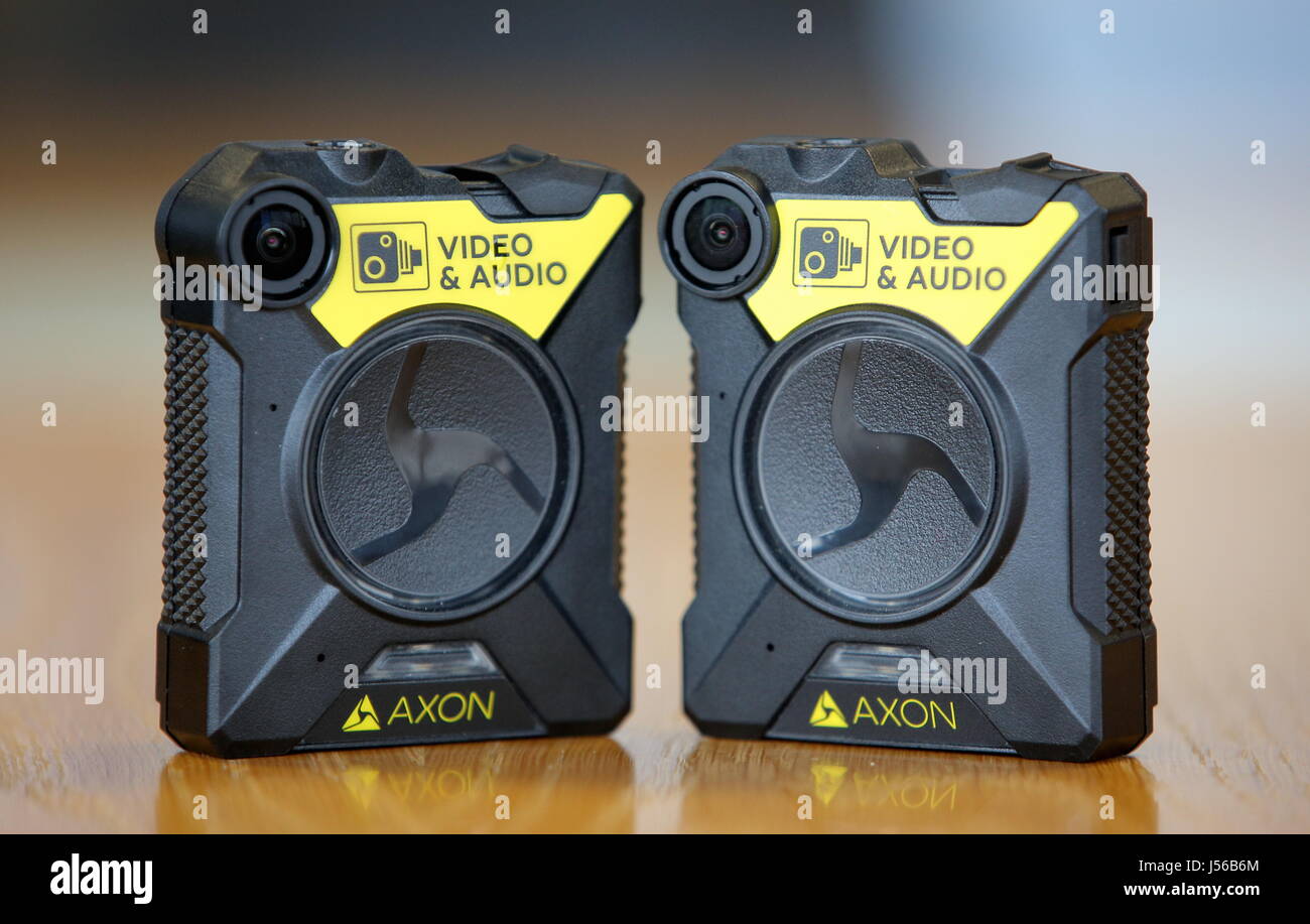 Cardiff, UK. 17th May, 2017. Two of the AXON bodycams Body worn video cameras are being introduced into the South Wales Police force as part of operational equipment and will be rolled out over the next few months. Credit: D Legakis/Alamy Live News Stock Photo