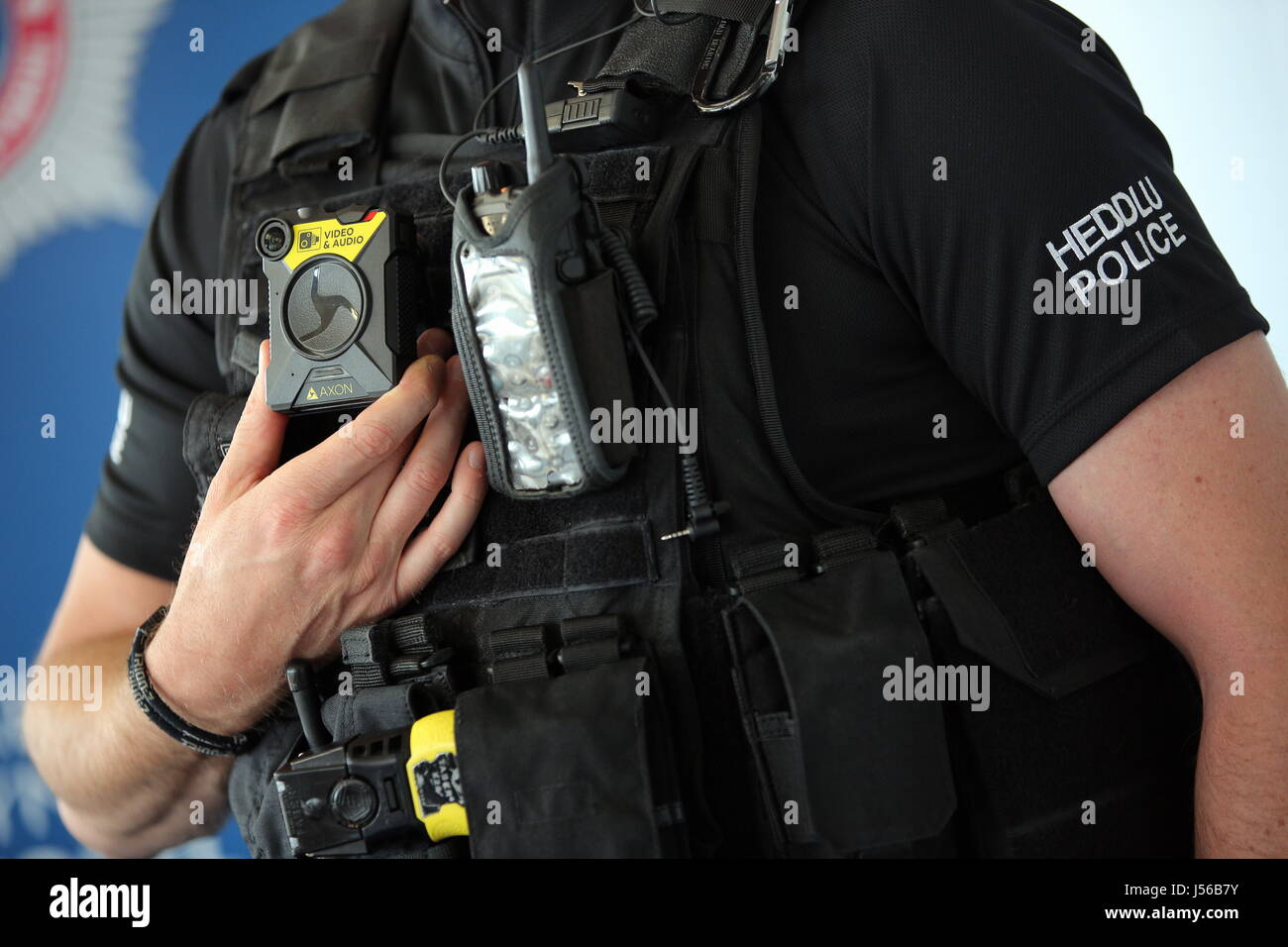 Cardiff, UK. 17th May, 2017. One of the AXON bodycams held by a