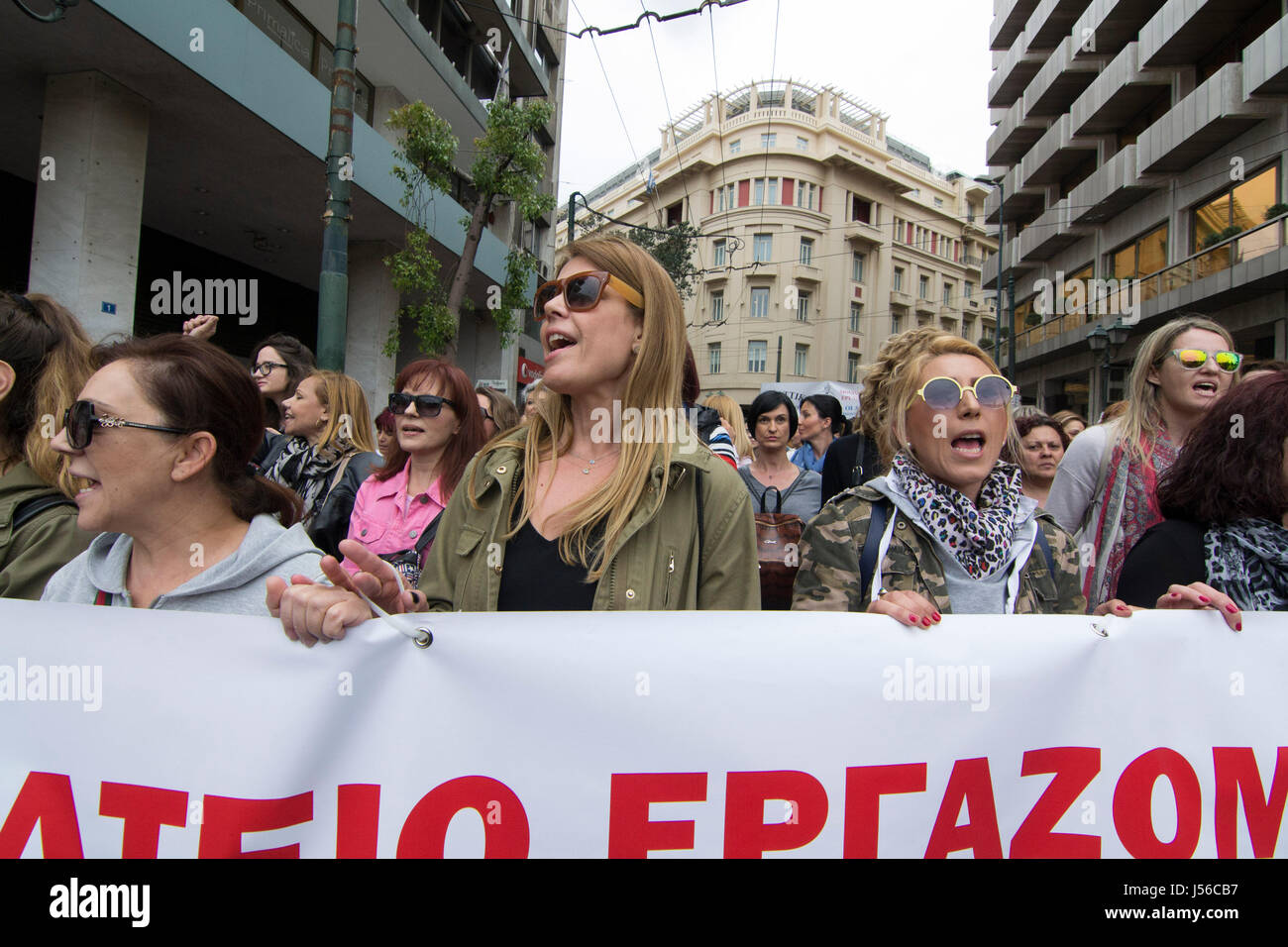 Athens, Greece. 17th May, 2017. Strikers march holding banners and shouting slogans against the government and further upcoming austerity measures. Thousands took to the streets participating in a 24 hour general strike organized by private and public sector unions, protesting against the recent fiscal deal between the government and the country’s creditors. © Nikolas Georgiou / Alamy Live News Stock Photo