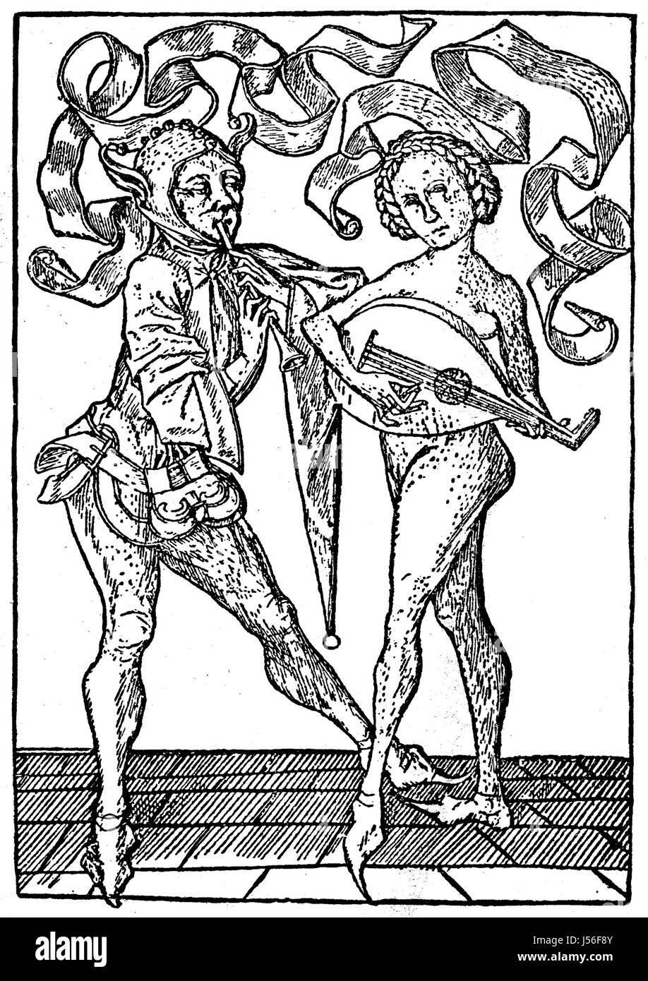 Er tanzt und pfeift nach ihrer Melodie, Symbolischer Kupferstich auf die Herrschaft des Weibes ueber den Mann, 15. Jahrhundert Stock Photo