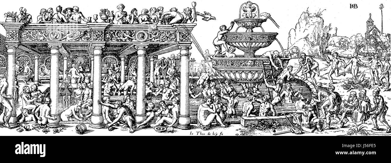 The Fountain of Youth, Der Jungbrunnen. Kupferstich von Theodor de Bry nach einem Holzschnitt