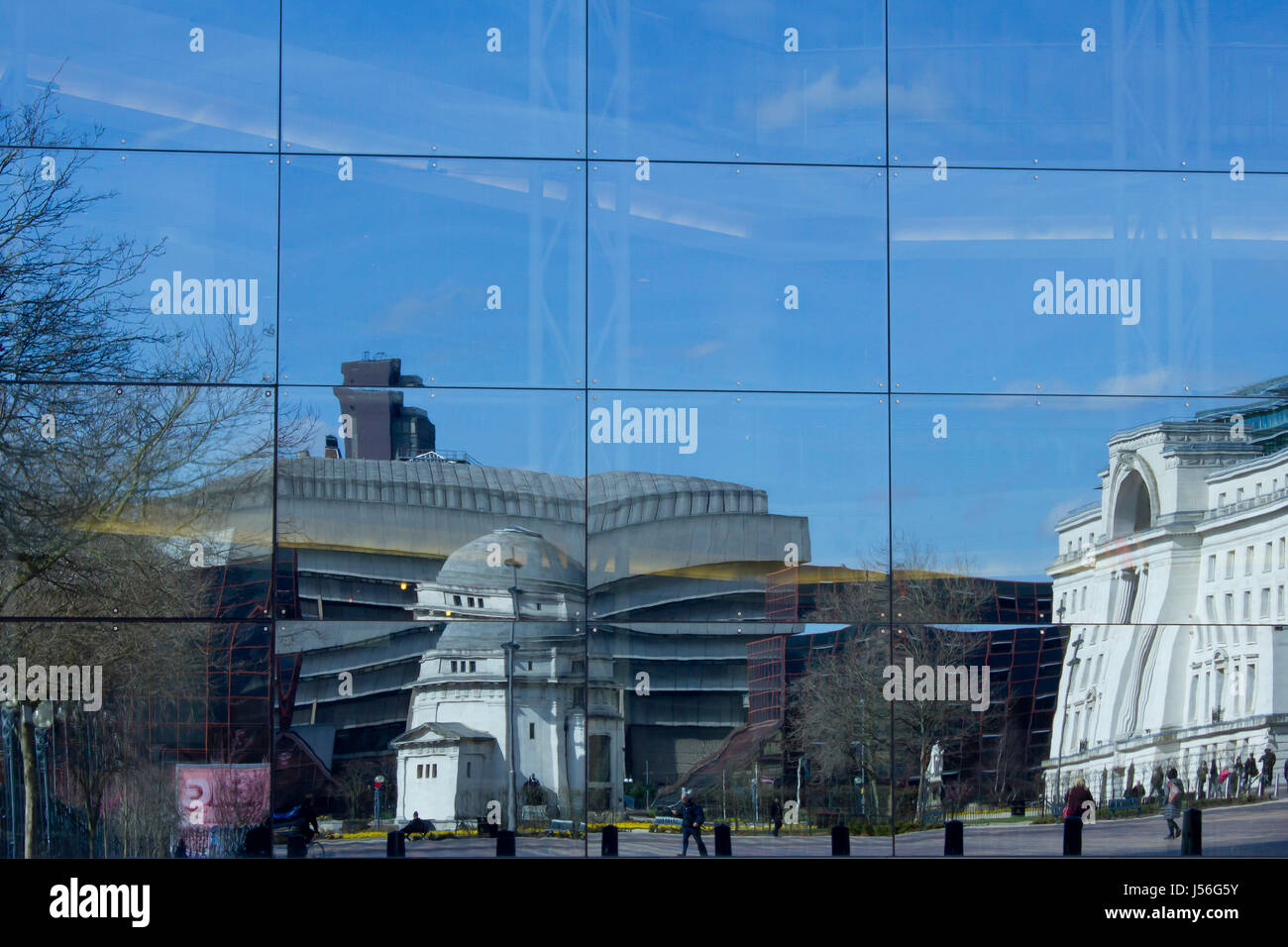Baskerville House, Library of Birming and Hall of Memory in Centenary Square Birmingham  reflected in the glass of the International Convention Centre Stock Photo