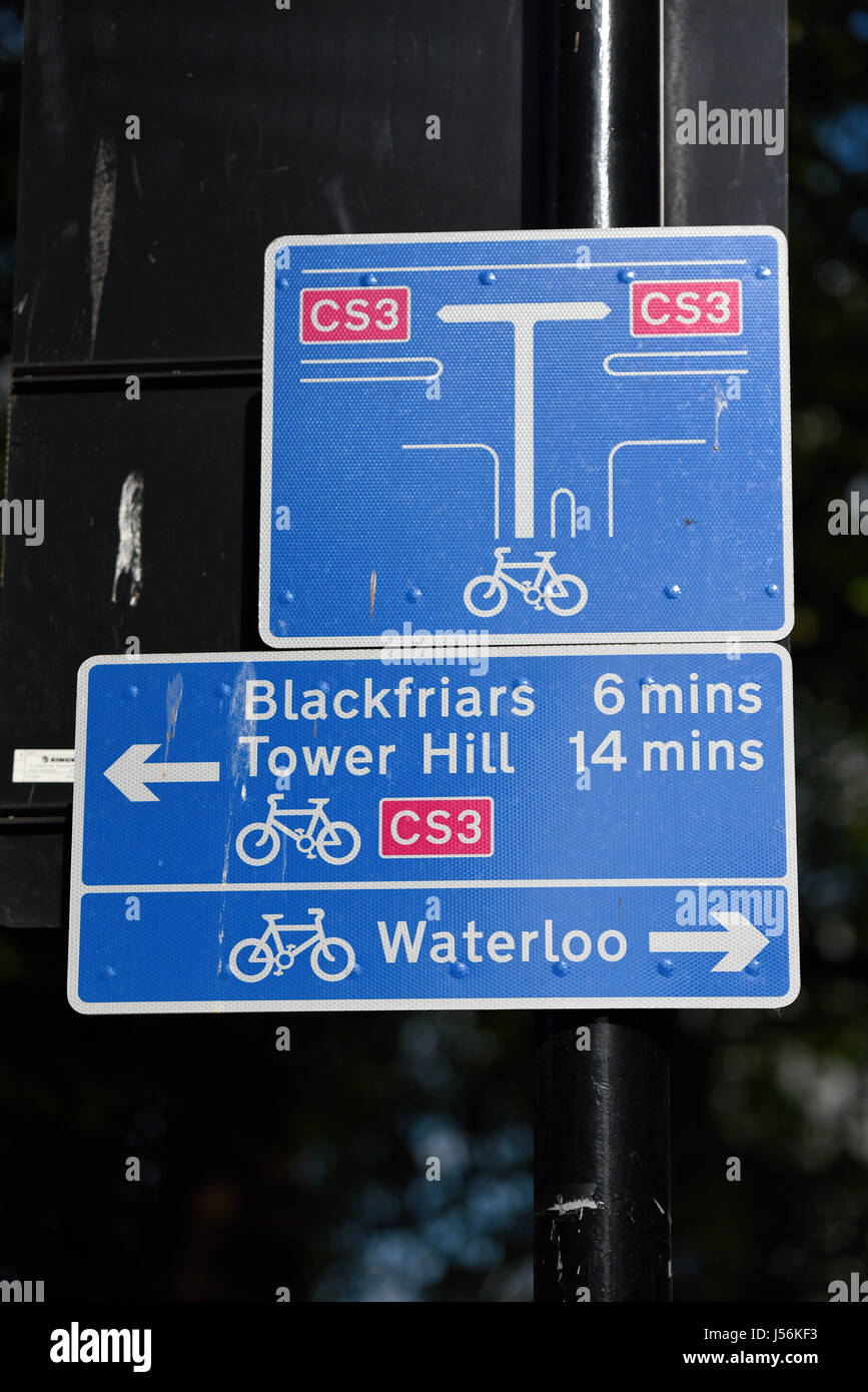 Direction sign for Cycle Superhighway CS3 in Westminster, London. The East - West route with Tower Hill, Waterloo and Blackfriars Stock Photo