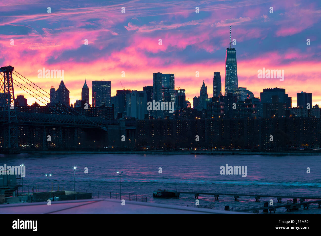 Freedom Tower At Sunset  & Lower Manhattan Skyline Stock Photo