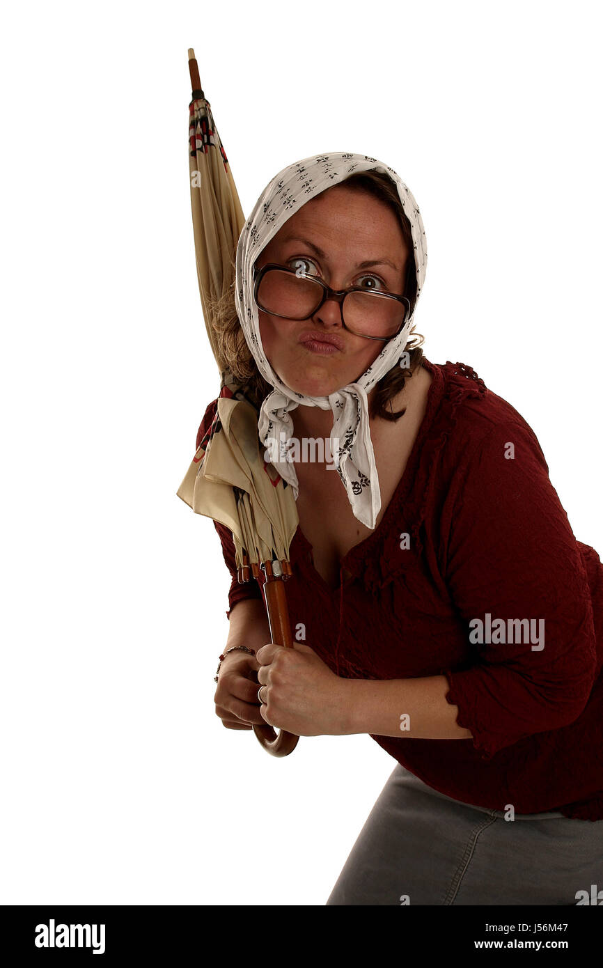 woman,kerchief,umbrella,humour,imitate,witch,hornbrille,schnute Stock Photo
