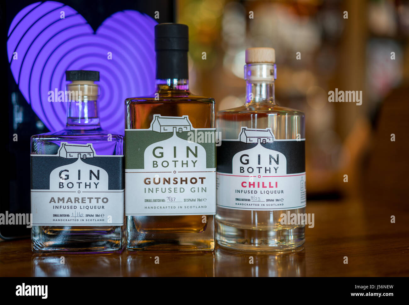 Gin from a distillery on the New Scottish Gin Trail. On the bar at The Faerie Tree Inn, Aberfoyle Stock Photo