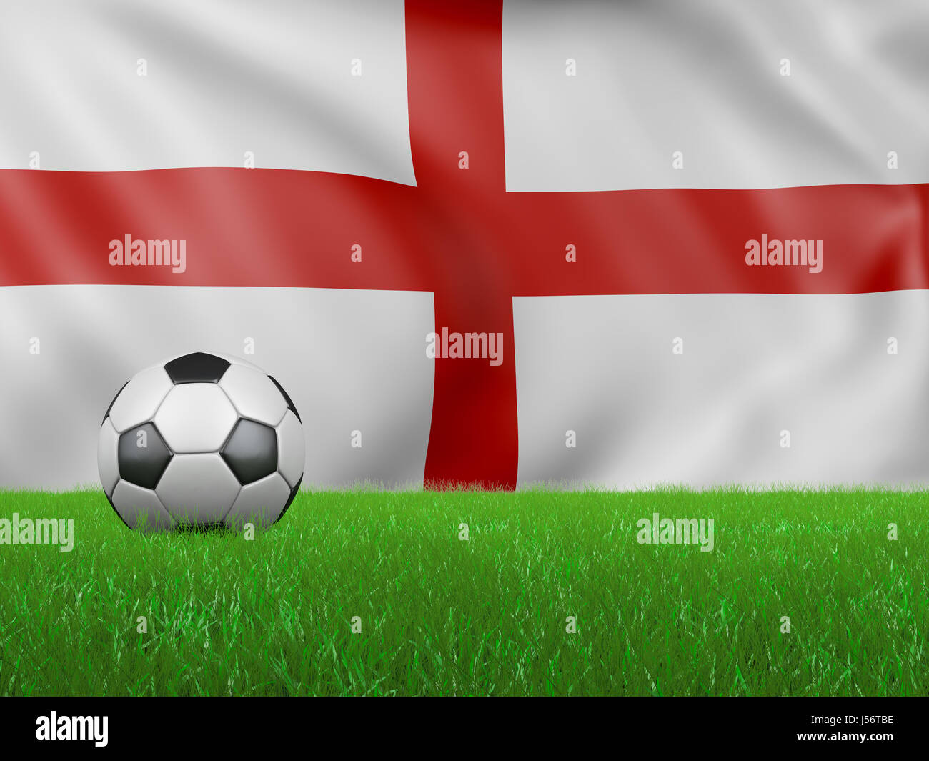 Ball on the grass on the background of the flag of England. 3d rendering. Stock Photo