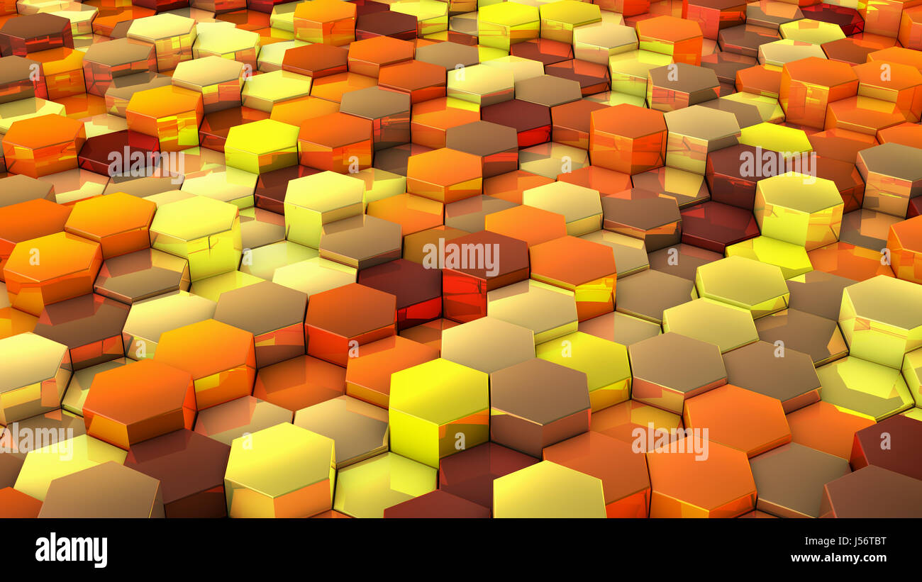 A network of hexagons yellow hue, which change height. 3D render. Stock Photo